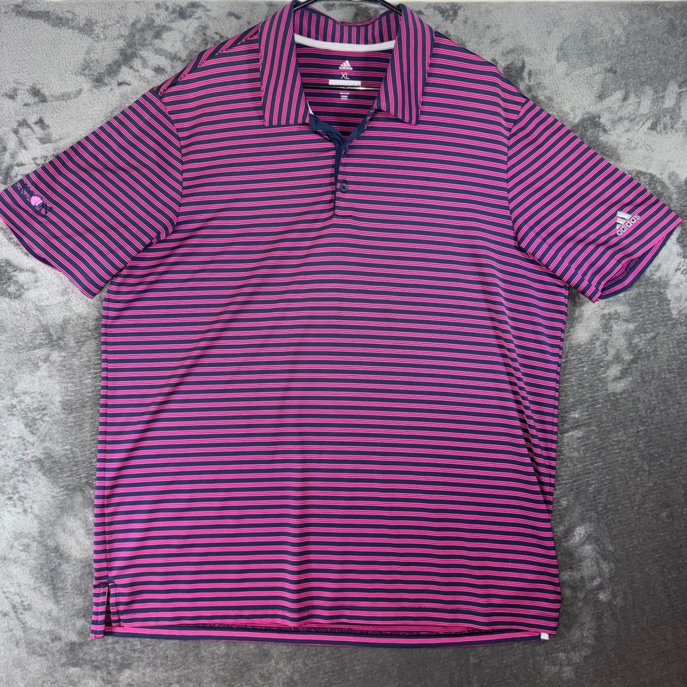 Mens XL Adidas Golf Polo Shirt Navy Pink Excellent Striped Short Sleeve Jackson